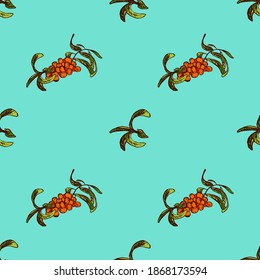 Sea buckthorn vector pattern, isolated on blue background. Perfect for printing on fabric, wrapping paper.