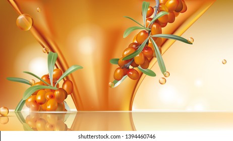 Sea buckthorn vector realistic ads poster. Branch with juicy orange seaberry, olive green leaves, flowing golden oil and flying oil drops on glowing glossy background, magazine mockup, banner ad