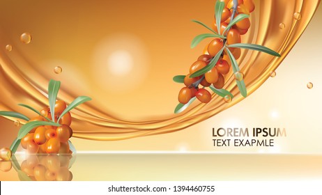 Sea buckthorn vector realistic ads poster. Branch with juicy orange seaberry, olive green leaves, flowing golden oil and flying oil drops on glowing glossy background, magazine mockup, banner ad