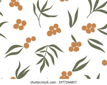 Sea buckthorn vector seamless pattern with branches, leaves and berries color hand drawn illustration. Isolated on white background.