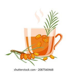 Sea buckthorn vitamin tea with a branch of sea buckthorn. Hot winter drink. Vector illustration isolated on a white background
