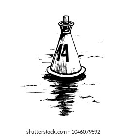  Sea buoy floating in the ocean. Naval buoy has navigational meteorological equipment. Vector sketch hand drawn isolated on white background.