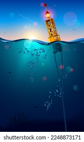 Boya marina en la superficie del agua. La boya está encadenada a los fondos marinos. El paisaje marino bajo el agua. océano azul profundo con cielo despejado, rayos solares y horizonte. Navegación náutica flotante.