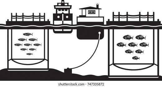 Sea Cage Fish Farming - Vector Illustration