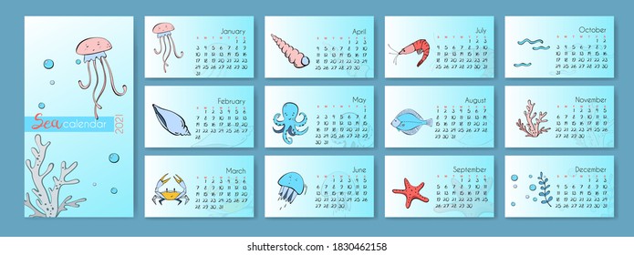 Sea calendar 2021 for kids. Vector design template with illustrations of sea animals - starfish, crab, shrimp, jellyfish cambala, octopus, shell. Doodle pastel animal calendar set. Set of 12 months.