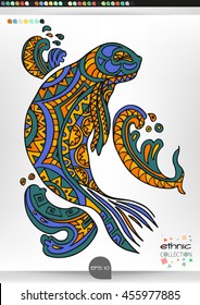 Sea Calf .Animal patterns with hand-drawn doodle waves and lines. Vector illustration in bright colors.