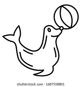 Sea Calf with ball Concept, circus and amusement park things on white bakcground, Water Animal Show Vector Icon design