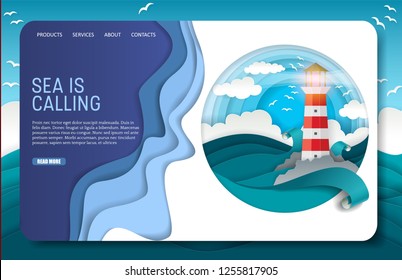 Sea is calling landing page website template. Vector paper cut lighthouse among raging waves.