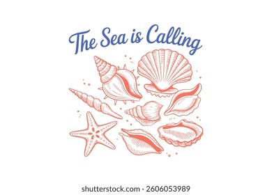 The Sea is Calling, Summer Beach Seashell Doodle T Shirt Design