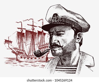 sea captain against the background of sailboat, marine sailor with pipe, bluejacket. portrait of the seaman. travel by ship or boat. engraved hand drawn, vintage sketch for tattoo or print on t-shirt.