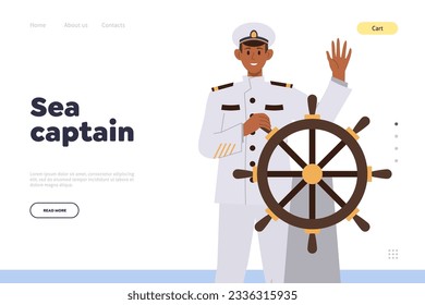 Sea captain at cruise ship liner steering wheel landing page professional marine stuff website
