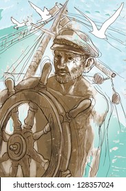 Sea Captain - A hand drawn illustration converted into vector. /// Vector is editable in 8 layers.