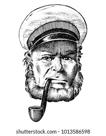 sea captain, marine old sailor with pipe or bluejacket, seaman with beard or men seafarer. travel by ship or boat. engraved hand drawn in old boho sketch.