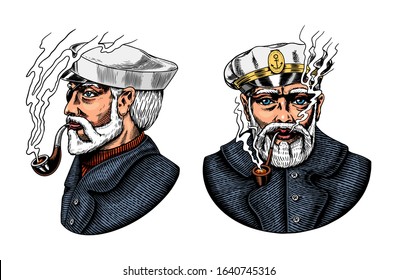 Sea captain, marine old sailor with pipe or bluejacket, seaman with beard or men seafarer. Travel by ship or boat. Engraved hand drawn in old boho sketch.