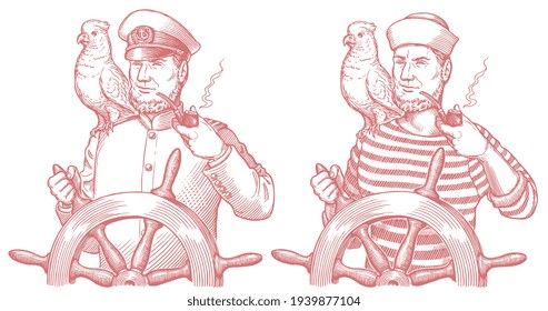 Sea captain with a parrot on his shoulder. Art detailed editable illustration. Vector vintage engraving. Isolated on white background. 8 EPS