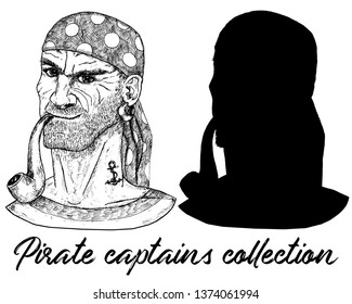 Sea captain, pirate or boatswain and silhouette isolated on white. Hand drawn engraved vector illustration of sailor, seaman or seafarer in old vintage style