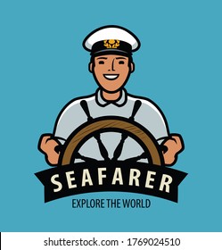 Sea captain with ship steering wheel. Vector illustration