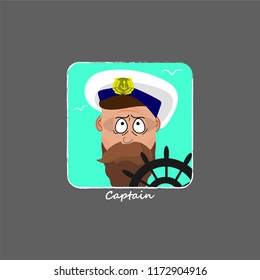 The sea captain stands next to the helm. A cartoon character. Portrait. Vector illustration