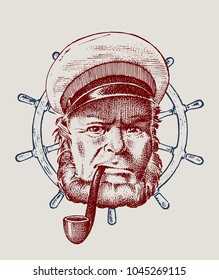 sea captain and steering wheel, marine old sailor with pipe or bluejacket, portrait of the seaman. travel by ship or boat. engraved hand drawn, vintage sketch for tattoo or print on t-shirt.
