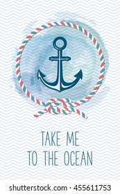 Sea card with anchor, rope, knot, quote. Vintage vector marine illustration. Summer holidays card with sea design elements.