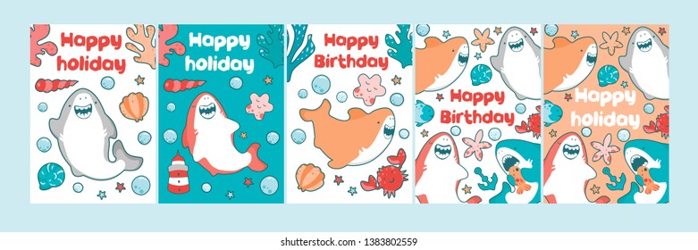Sea card for children birthday. Cute baby illustration of a shark eats fish
