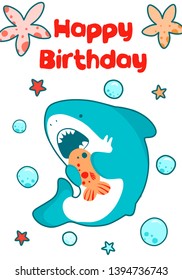 Sea card for children birthday. Cute baby illustration of a shark eats fish