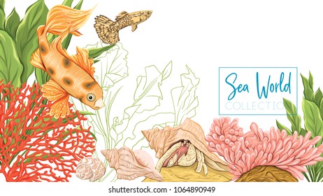 Sea card with gold fish, corals and shells. Good for greeting card, invitation. Template with place for text. Stock vector illustration.