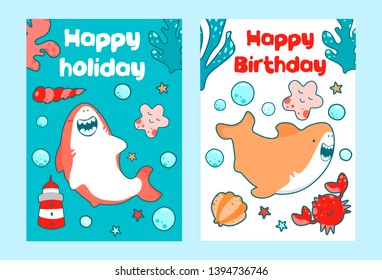 Sea cards for children birthday. Cute baby illustration of a sharks