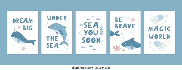 Sea Cards Collection For Children. Nursery Posters With Ocean Animals And Plants. Hand Drawn Doodle Narwhal, Dolphin, Shark And Jellyfish. Underwater Life. Ideal For Greeting Cards, T-shirts Design.