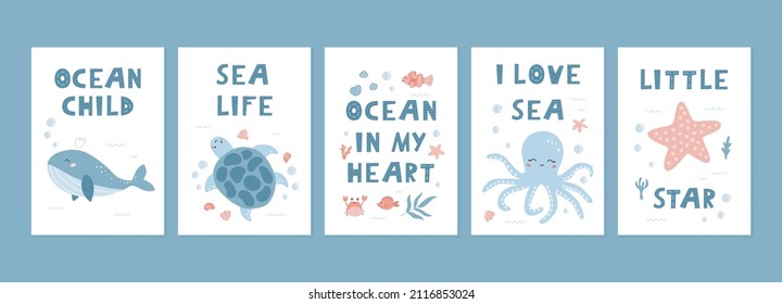 Sea cards and posters collection for kids. Cartoon ocean animals and plants. Hand drawn doodle whale, octopus, turtle and starfish. Ideal for greeting cards, t-shirts design, decor for nursery.