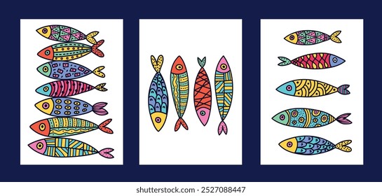 Sea cards and posters collection for kids. Cartoon fish. Hand drawn illustration. Ideal for greeting cards, t-shirts design, decor for nursery.