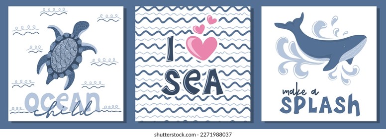 Sea cards and posters collection.Cartoon ocean animals. Hand drawn doodle whale and turtle. Ideal for greeting cards, t-shirts design, decor. Vector illustration