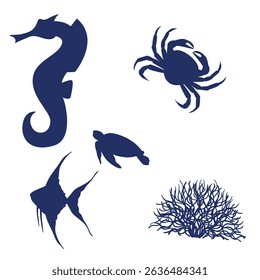 sea ​​horse, caretta, fish, coral drawings. vector drawings