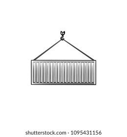 Sea cargo container hanging on a crane hand drawn outline doodle icon. Cargo shipping industry concept vector sketch illustration for print, web, mobile and infographics isolated on white background.