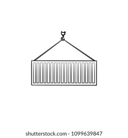 Sea cargo container loaded with a crane hand drawn outline doodle icon. Logistics industry concept vector sketch illustration for print, web, mobile and infographics isolated on white background.