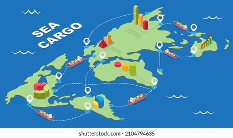 Sea Cargo Infographic. World Map With Global Marine Logistics Network, Flat Vector Isometric Illustration. Worldwide Sea Freight Shipping. Maritime Industry.