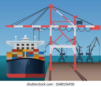 Sea cargo port with container ship and cranes. Vector illustration