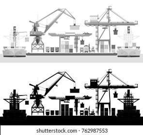 Sea cargo port, container ship and harbor cranes. Front view, water transport, gray-scale vector.