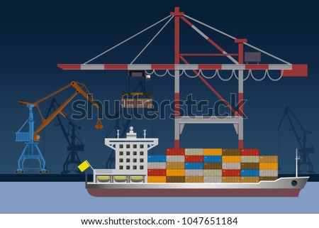 Sea cargo port with different harbor cranes and ship. Vector illustration
