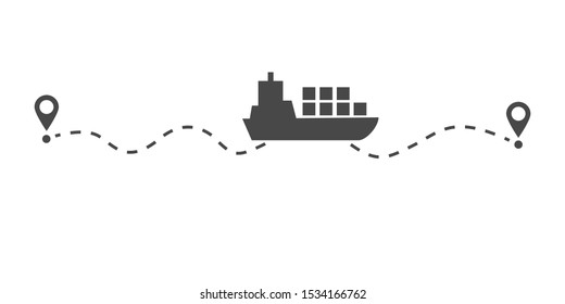 Sea carriage flat concept with ship floating on path and map pointers in beggining and end of way. Vector illustration