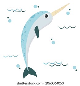sea cartoon animal decorated with waves isolated on white background