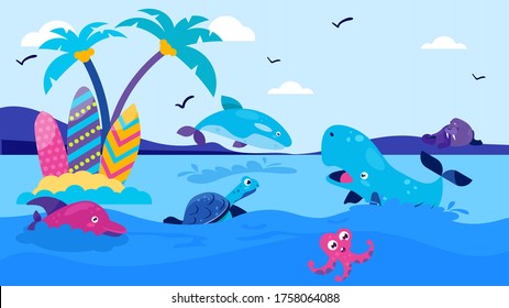 Sea cartoon animal near island, vector illustration. Underwater nature dolphin, fish marine with nature tropical coral background. Reef landscape, aquatic exotic life in flat summer.