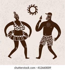 Sea cartoon illustration with man and woman wearing  beachwear. Summertime illustration with textured background.