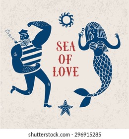 Sea cartoon illustration with sailor and mermaid in love. Hand drawn postcard
