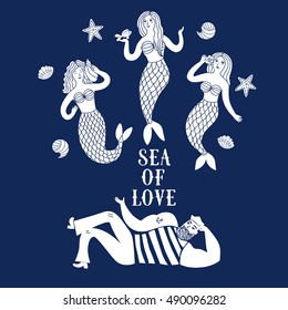 Sea cartoon illustration with sailor and mermaids in love. Hand drawn postcard on dark blue background