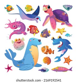 Sea cartoon inhabitants set. Exotic sea animals and fish. Illustrations for children.