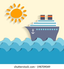 Sea cartoon poster with ship and sun vector illustration