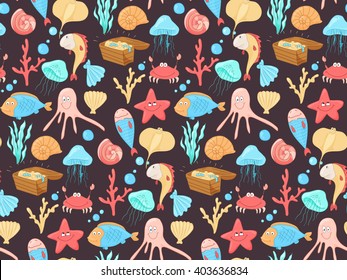 Sea cartoon seamless pattern. Funny sea creatures. Underwater inhabitants. Vector 