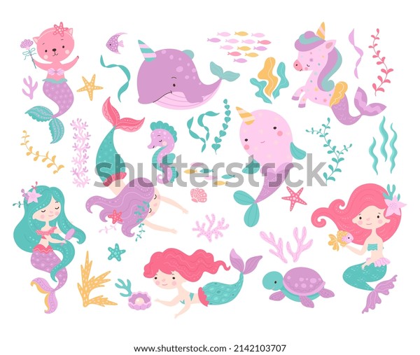 Sea cartoon unicorn. Mermaid
character, fish and seahorse. Cartoon cat with mermaids tail,
underwater turtle and creature. Mythical nowaday vector sea
kit
