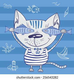Sea cat illustration | Funny baby doodle sketch seamless colorful background